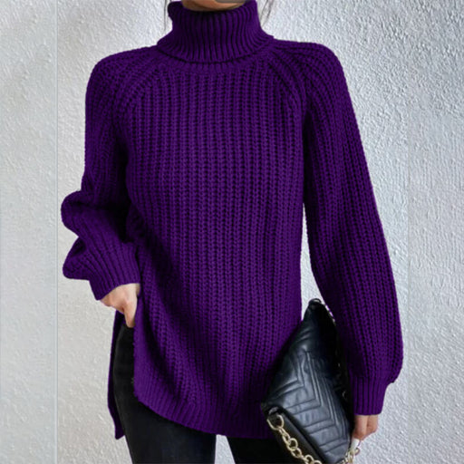 women's turtleneck pullover sweater with split design, view 11 - MRSLM