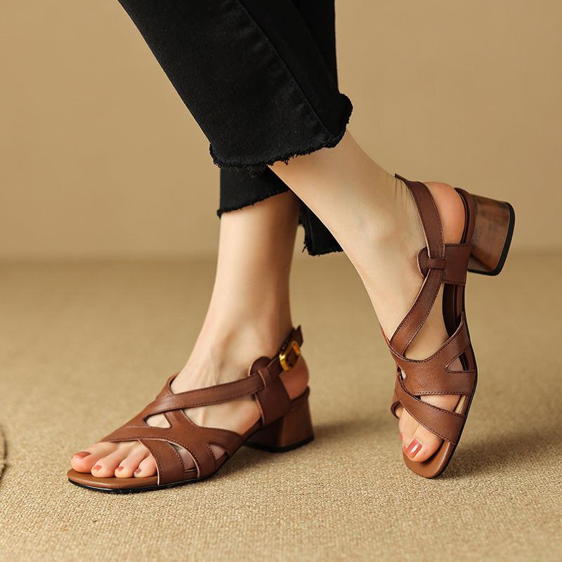 square toe chunky heel leather sandals, view 4 - MRSLM