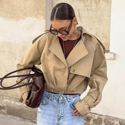 women's khaki double-breasted blazer collar coat, view 4 - MRSLM
