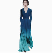 long sleeve v-neck gradient green dress with belt, view 9 - MRSLM