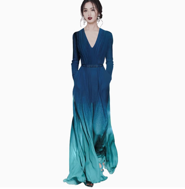 long sleeve v-neck gradient green dress with belt, view 9 - MRSLM