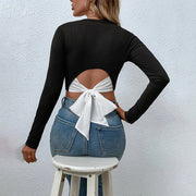 Women's round neck long sleeve knit top, view 3 - MRSLM