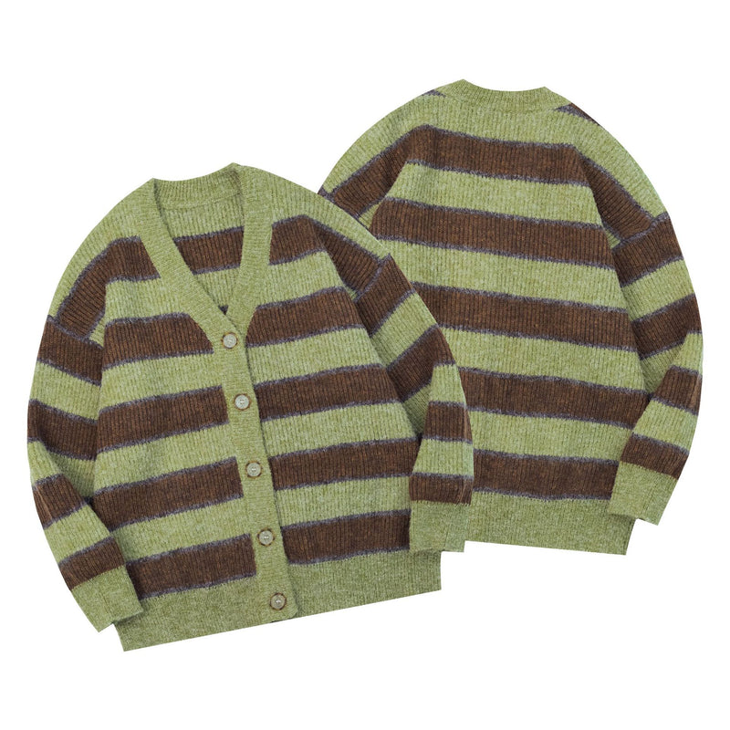 Women's green striped knit cardigan, view 2 - MRSLM