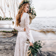 white lace deep V-neck long dress, view 3 - MRSLM