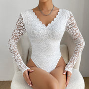 white lace long sleeve slim fit jumpsuit, view 3 - MRSLM