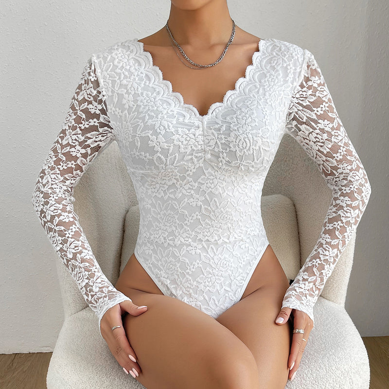 white lace long sleeve slim fit jumpsuit, view 3 - MRSLM
