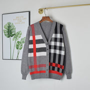 Women's V-neck geometric knit cardigan, view 3 - MRSLM