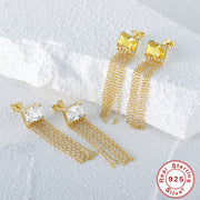 s925 silver square zircon chain tassel earrings, view 4 - MRSLM