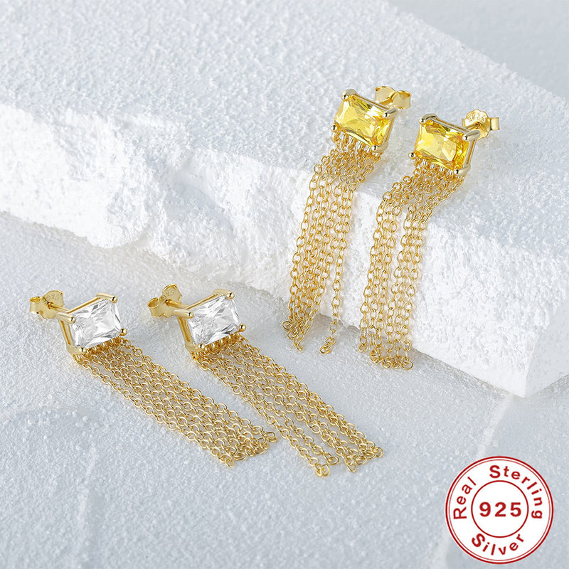 s925 silver square zircon chain tassel earrings, view 4 - MRSLM