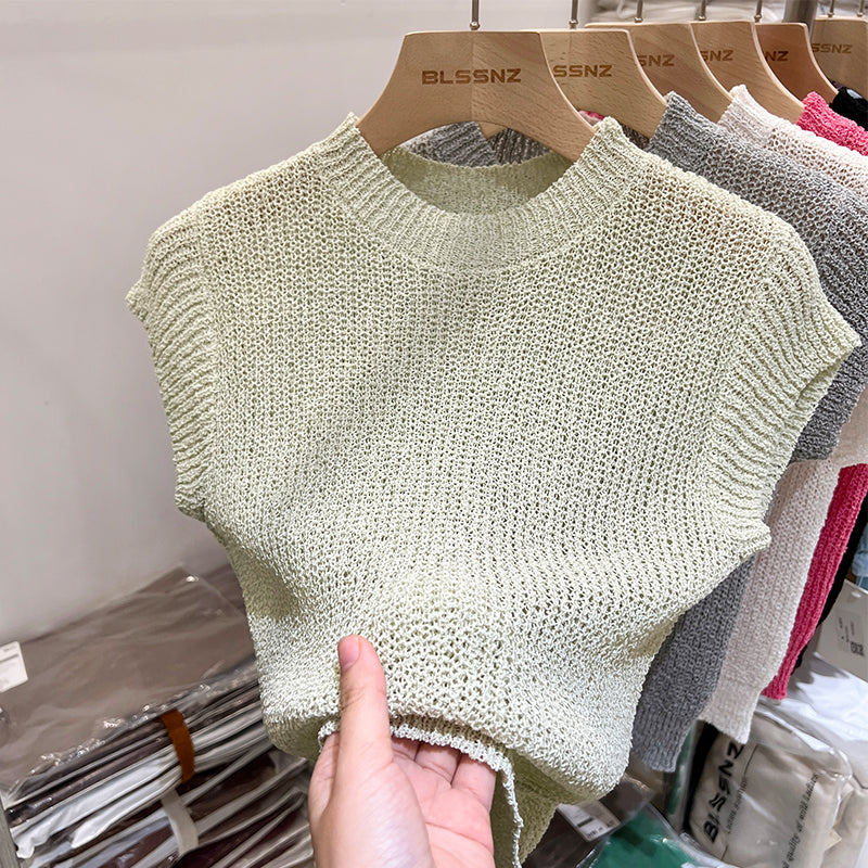 women's open knit short sleeve top, view 4 - MRSLM