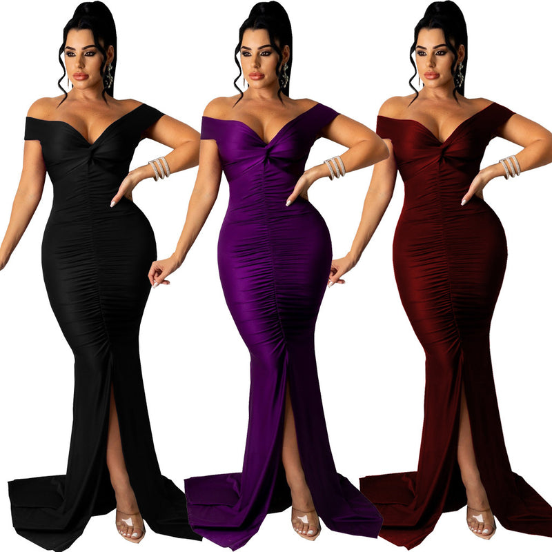 v-neck micro-wrinkle long dress, view 2 - MRSLM