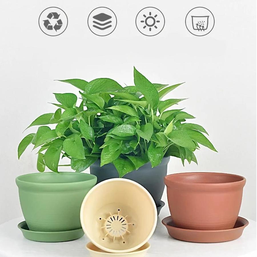 Round Ceramic Style Indoor Plant Pot with Tray