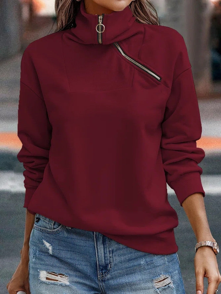 women's zip high neck loose sweater, view 6 - MRSLM