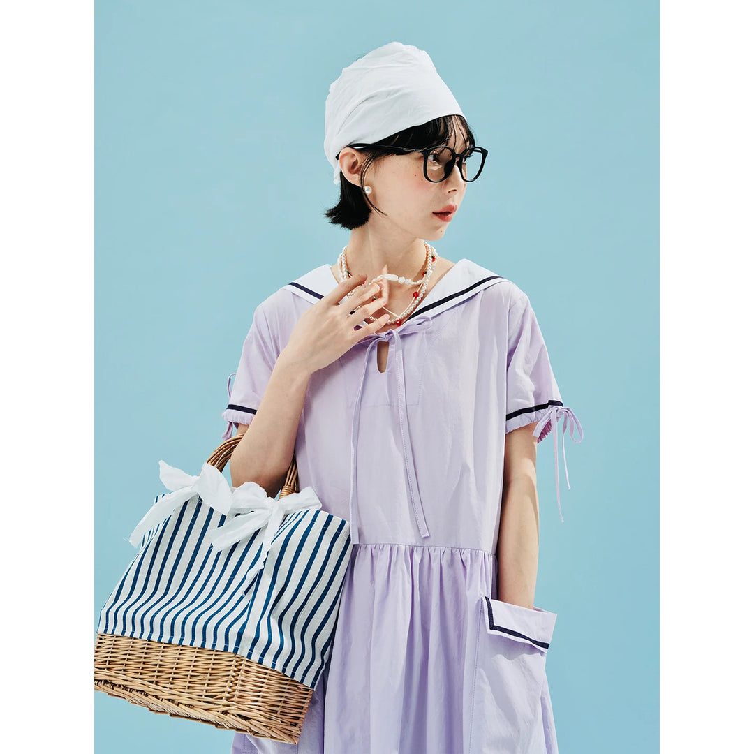 Summer Striped Cotton Mid-Length Dress with Sailor Collar and Pockets