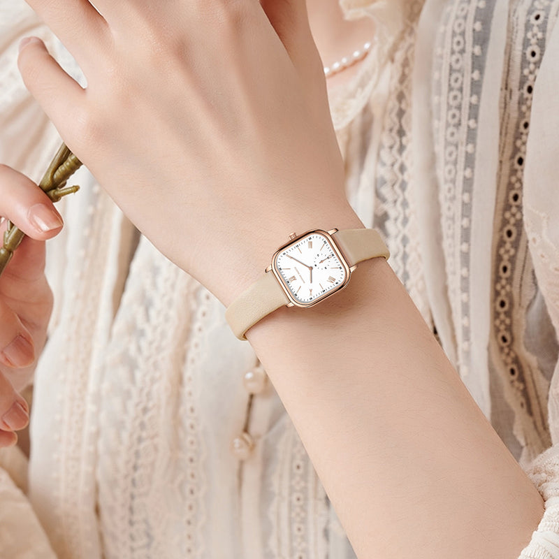 Square rose gold watch with leather strap, view 9 - MRSLM