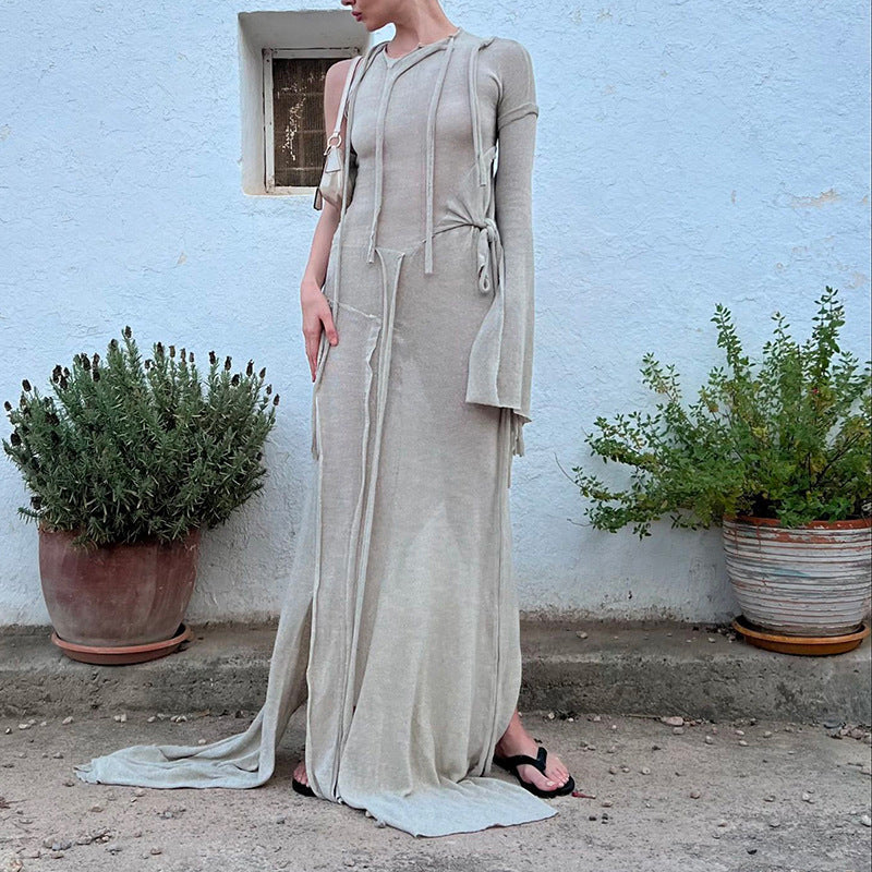 one-shoulder lace-up high waist dress, view 3 - MRSLM