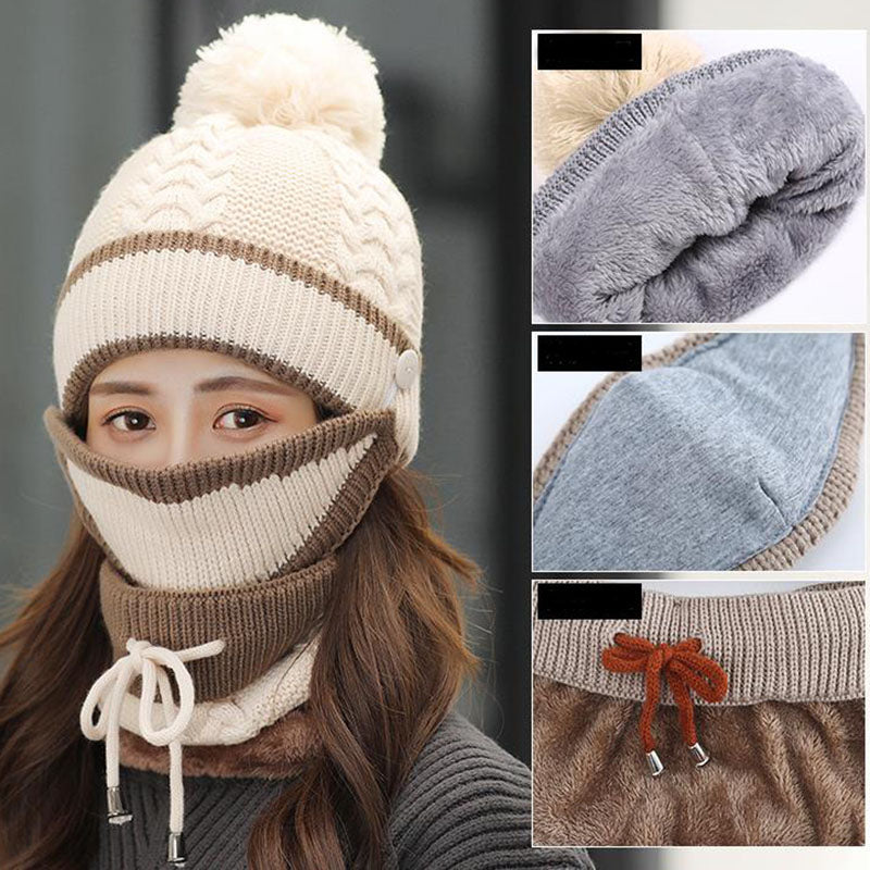 Women's 3-piece pom-pom beanie, mask and neck warmer set, view 9 - MRSLM