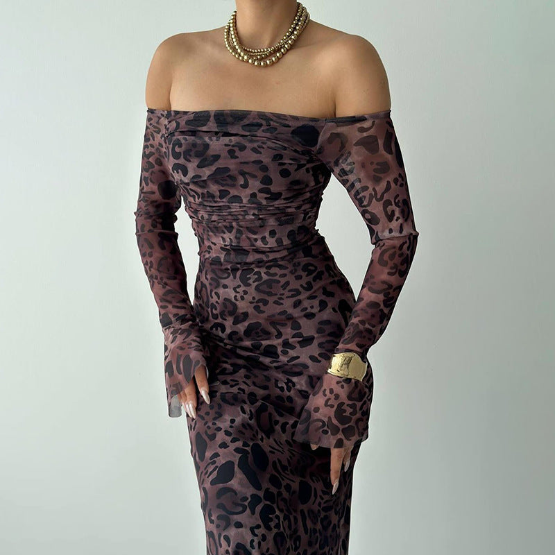 Leopard print off-shoulder bell sleeve dress, view 4 - MRSLM