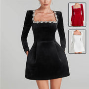 women's square neck rhinestone dress - MRSLM