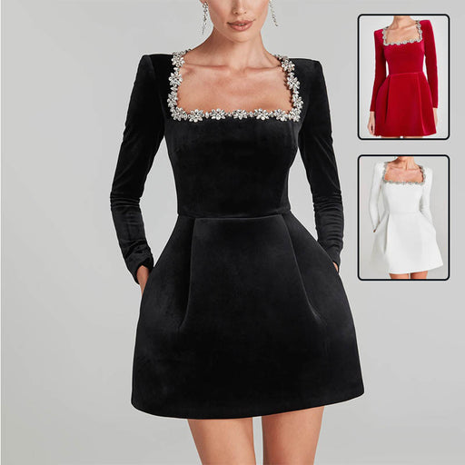 women's square neck rhinestone dress - MRSLM