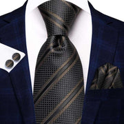 Black brown striped necktie set - MRSLM