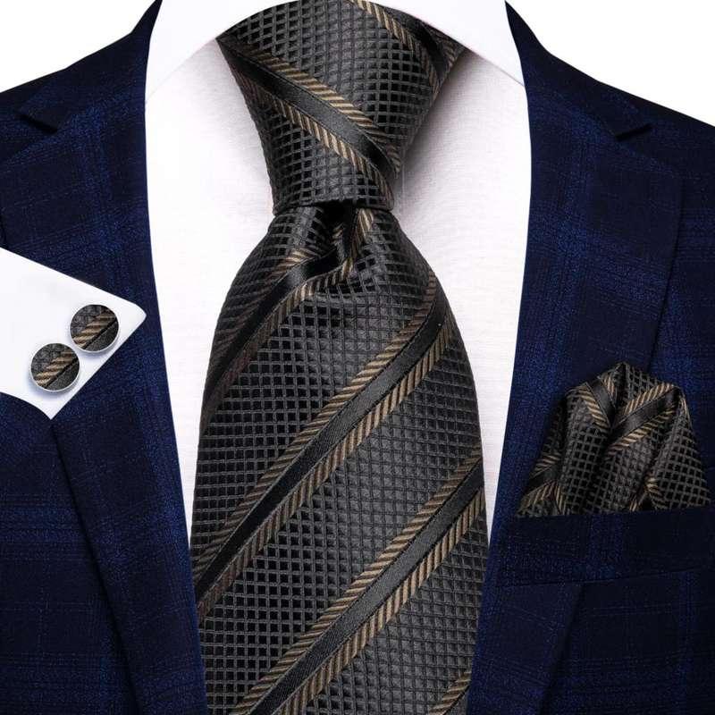 Black brown striped necktie set - MRSLM