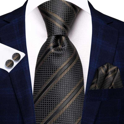 Black brown striped necktie set - MRSLM