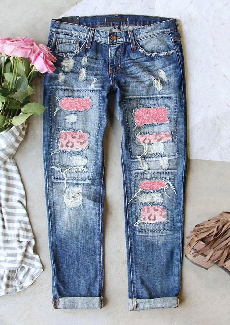 Women's Ripped Jeans with Printed Patch, Casual Trousers