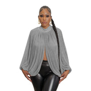 women's silky backless lantern sleeve lace shirt, view 4 - MRSLM
