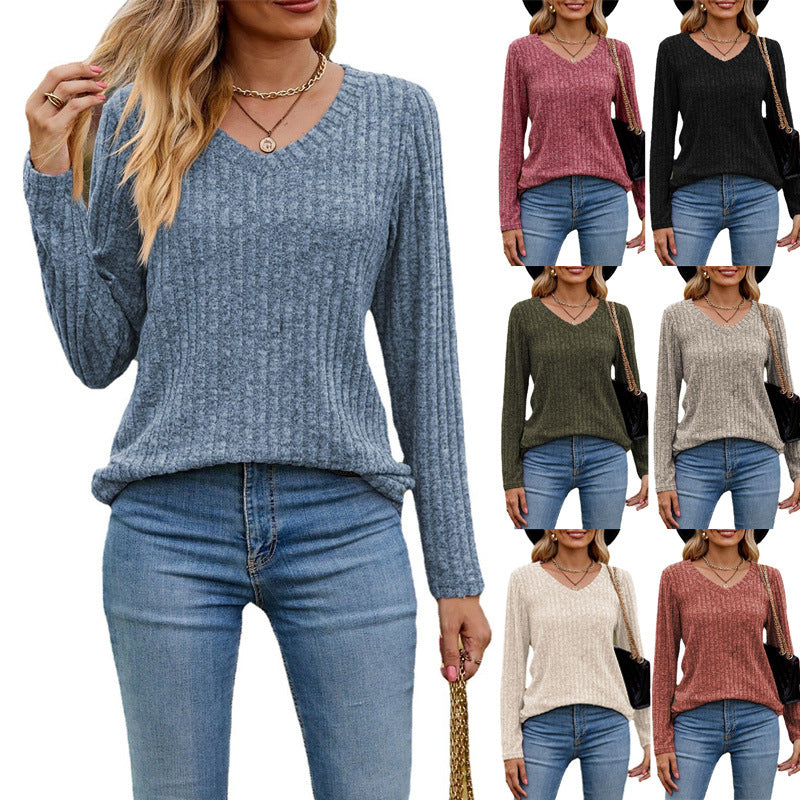 women's brushed v-neck ribbed top, view 2 - MRSLM