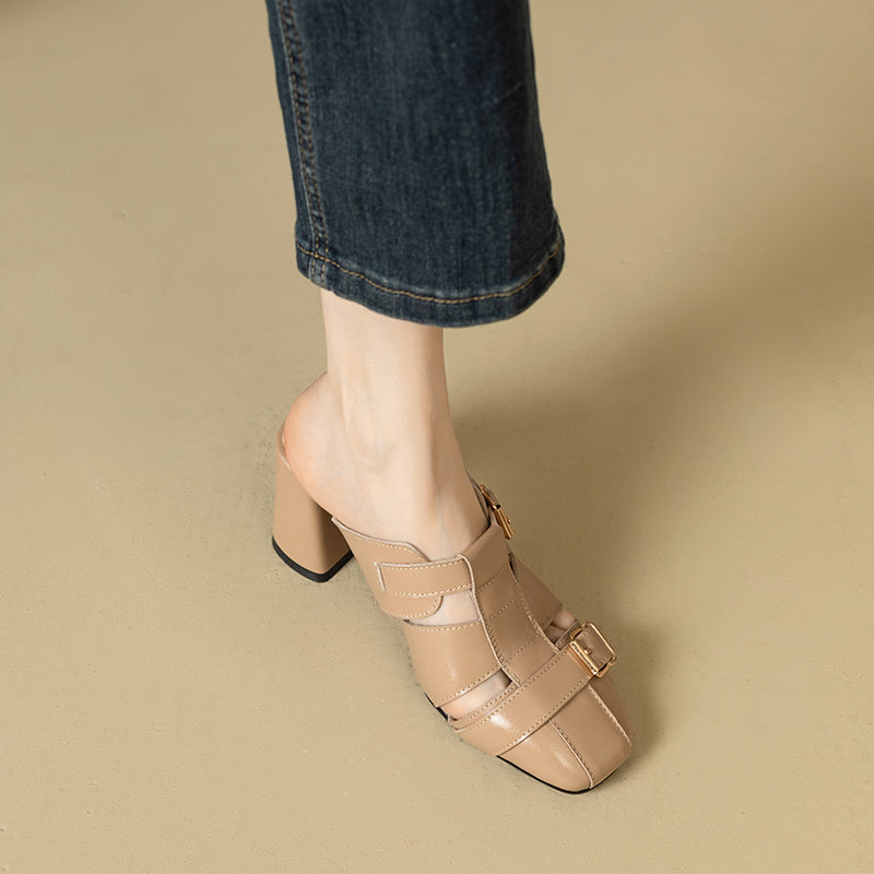 Embroidered leather high heel slippers, view 27 - MRSLM