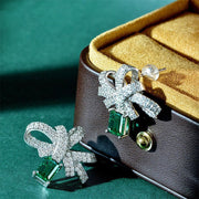 silver bow earrings with simulated emerald, view 3 - MRSLM
