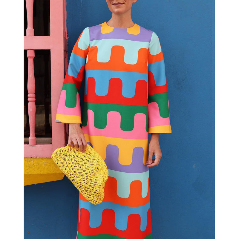 geometric print a-line dress, view 4 - MRSLM