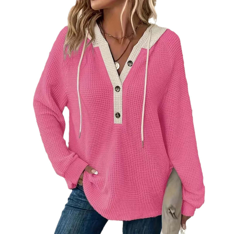 women's waffle hooded button sweatshirt, view 4 - MRSLM