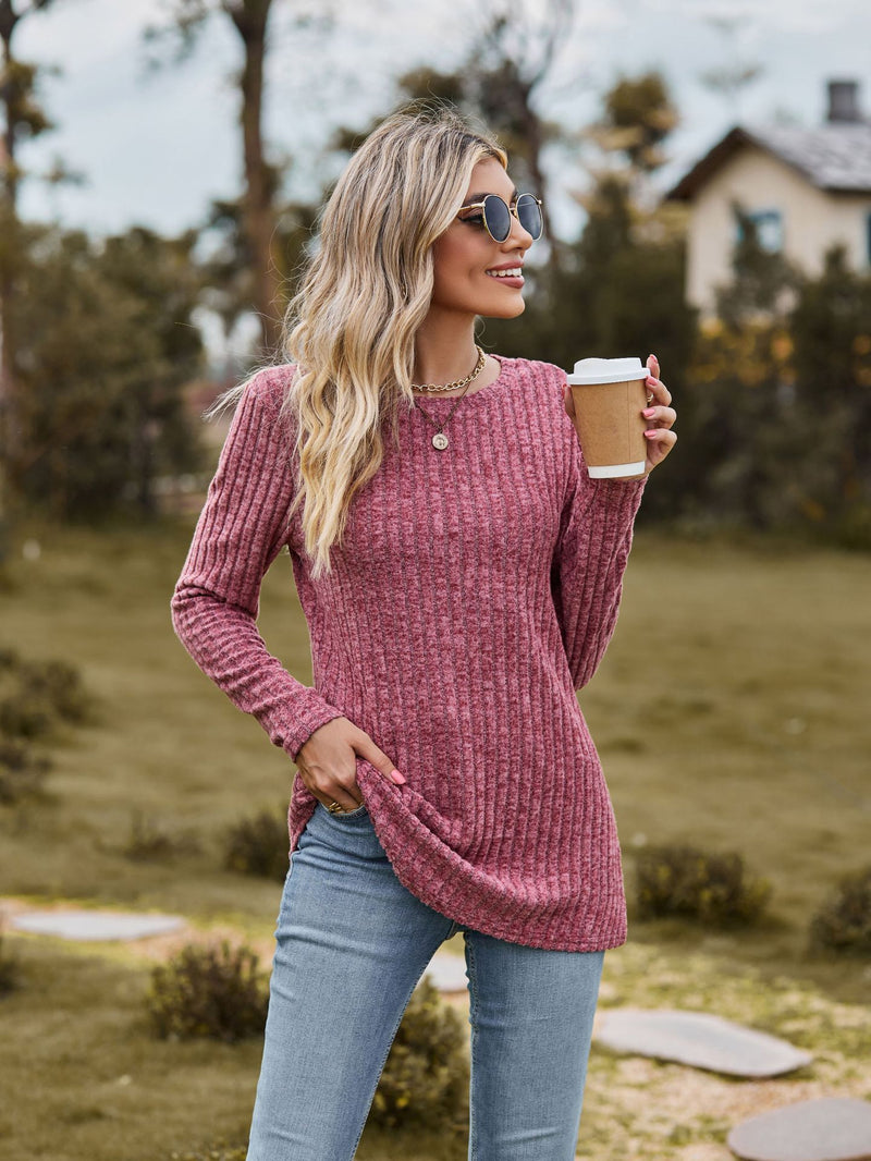 women's brushed cotton round neck long sleeve tee, view 3 - MRSLM