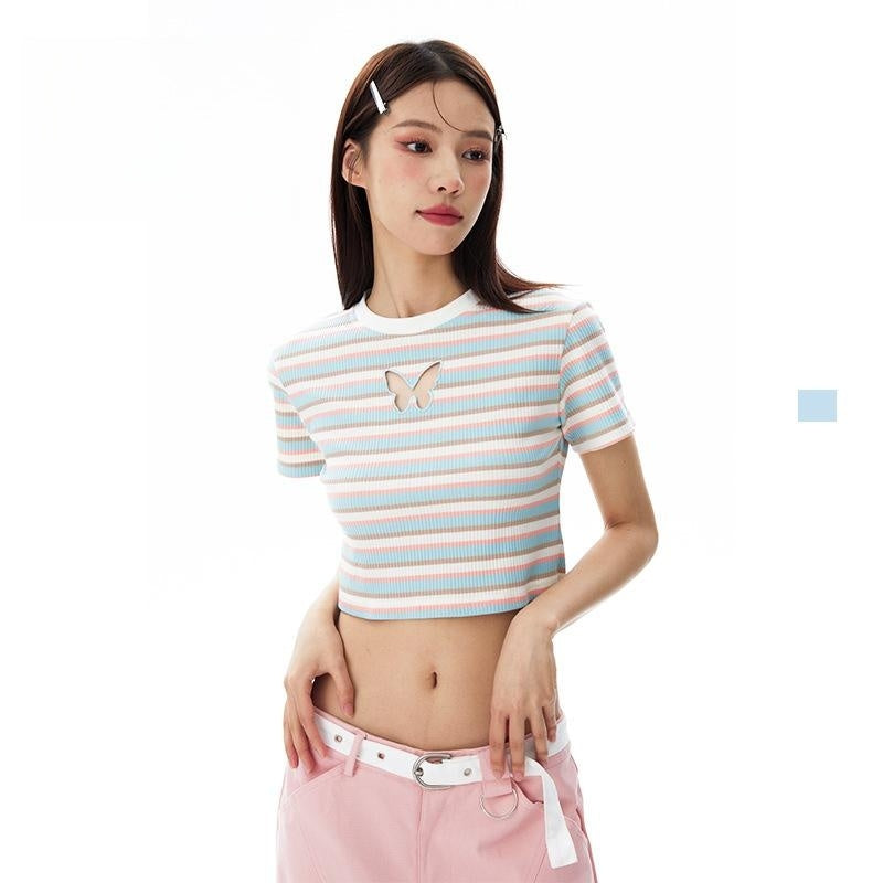striped butterfly embroidered crop t-shirt, view 7 - MRSLM