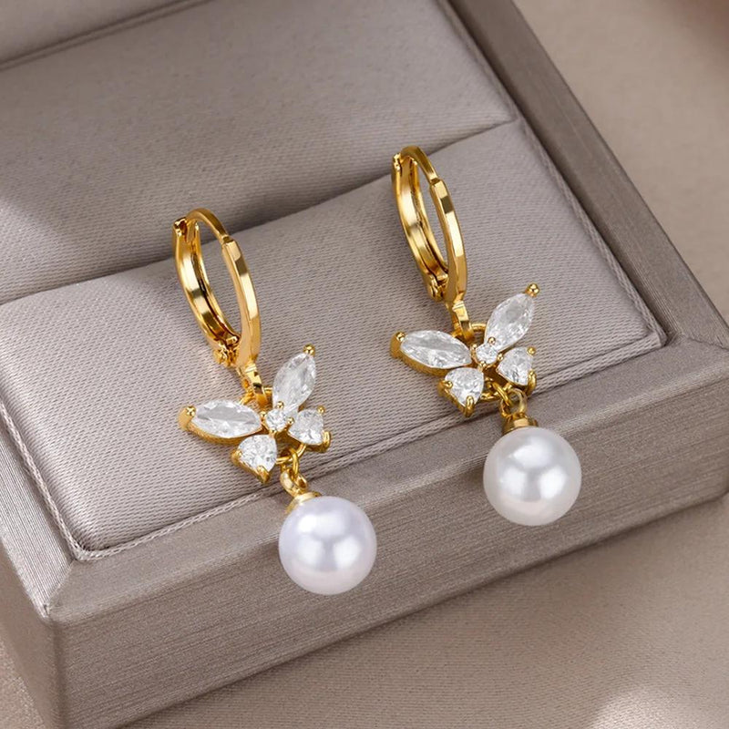 butterfly imitation pearl dangle earrings - MRSLM