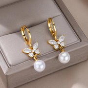 butterfly imitation pearl dangle earrings, view 6 - MRSLM