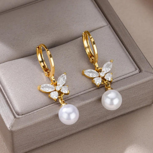 butterfly imitation pearl dangle earrings - MRSLM