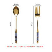 vintage gold ceramic dessert fork and spoon set, view 3 - MRSLM