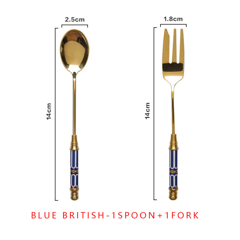 vintage gold ceramic dessert fork and spoon set, view 3 - MRSLM