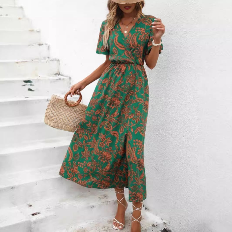 tropical print V-neck split dress, view 4 - MRSLM