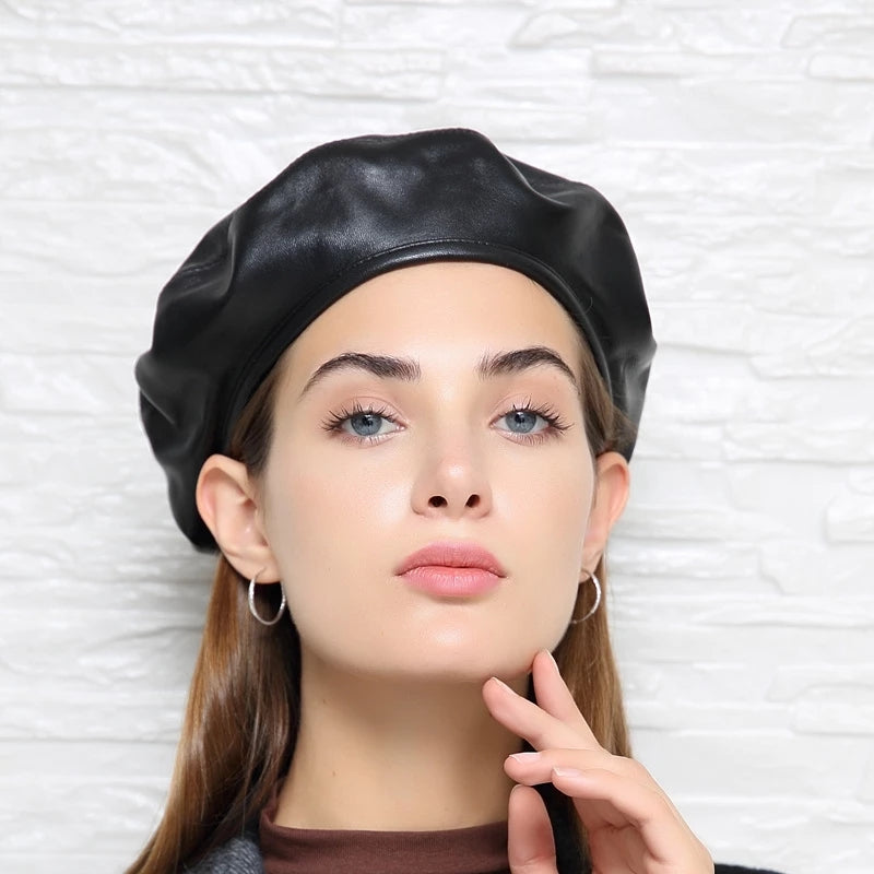 genuine leather retro beret cap, view 7 - MRSLM