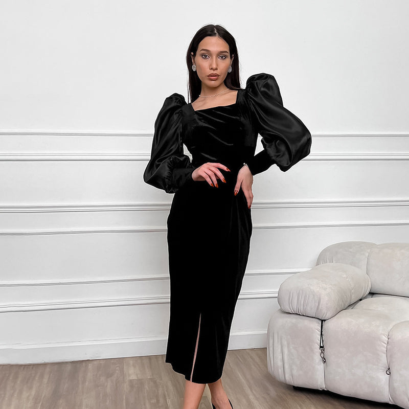 square collar puff sleeve knitted velvet dress, view 2 - MRSLM