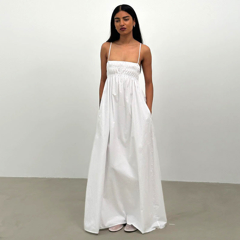 spaghetti strap smocked long dress, view 6 - MRSLM