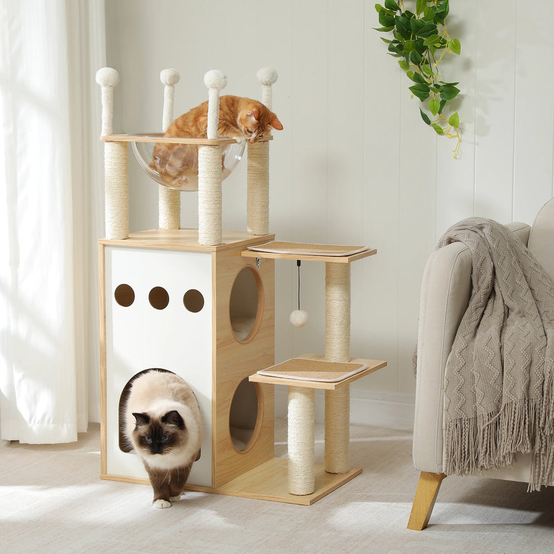 modern wooden cat tree tower with 2-floor condo, view 4 - MRSLM