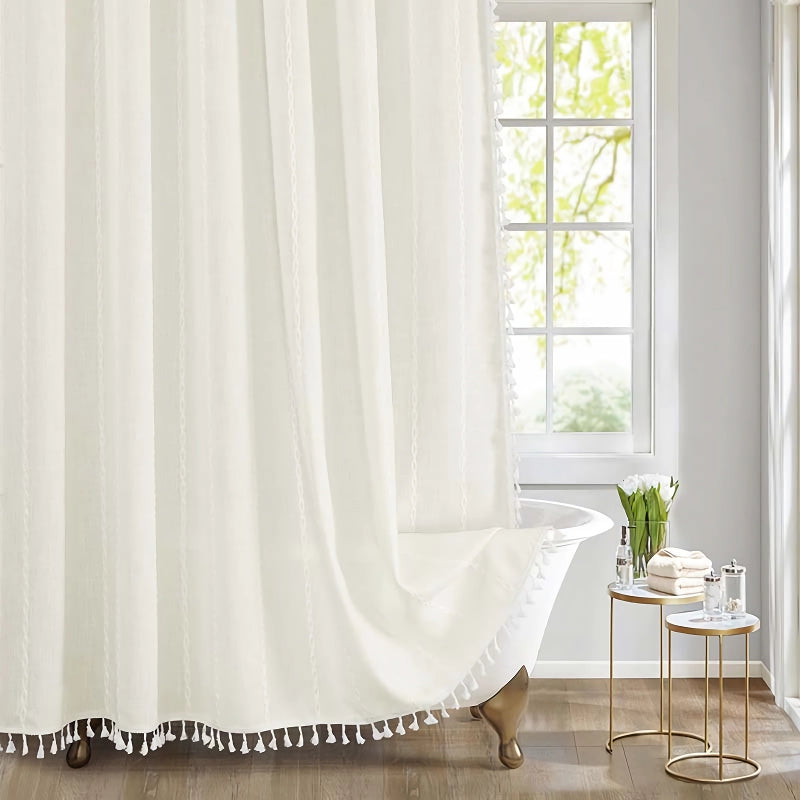 bohemian tassel shower curtain, view 2 - MRSLM