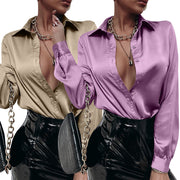satin pleated long sleeve loose top, view 2 - MRSLM