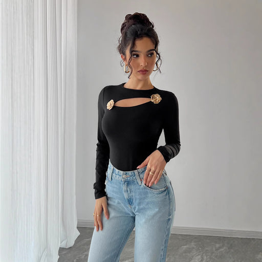 women's hollow rose slim long sleeve top - MRSLM