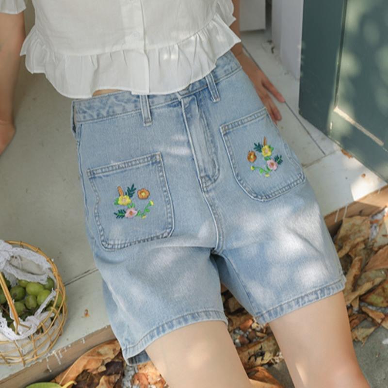 light blue embroidered denim shorts - MRSLM